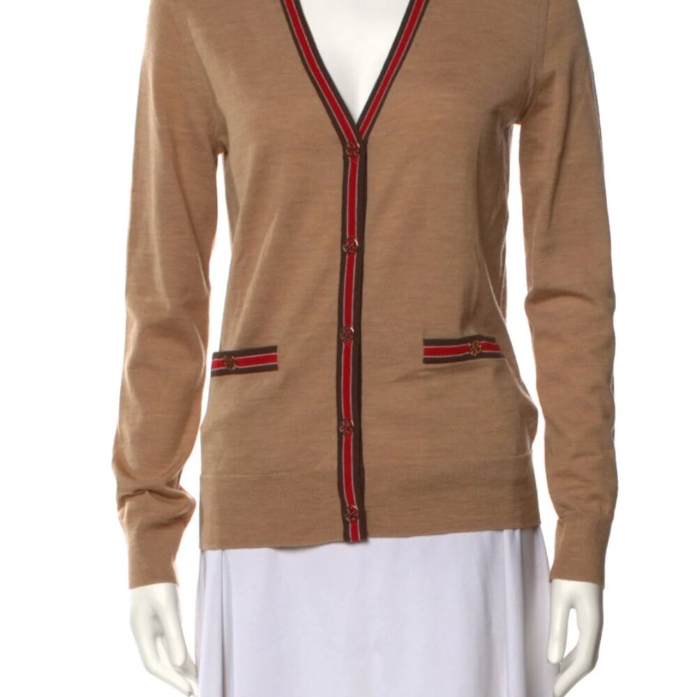 Tory Burch - Tan Merino Wool Cardigan w/ Striped Trim & Logo Buttons Size Medium
